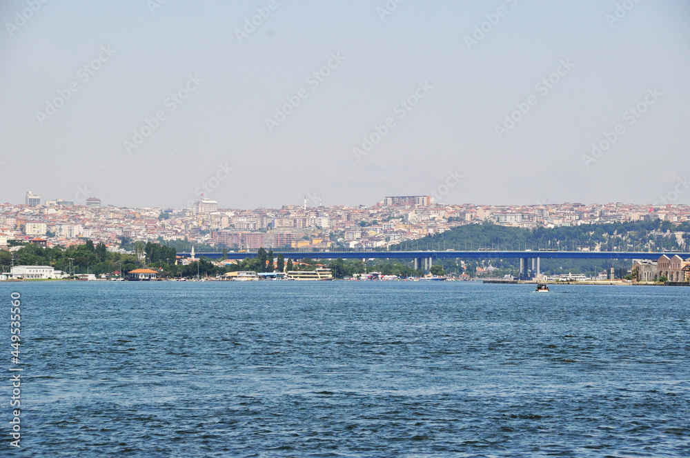 Panorama of the Bosphorus and the bridge over the strait. Panorama of the city. Istanbul. Summer.