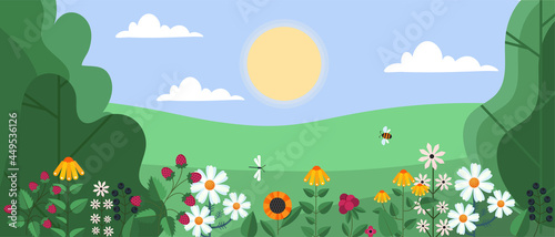 Spring and summer background. Beautiful landscape with trees  leaves  flowers and insects. Horizontal postcard  banner or poster. Cartoon modern flat vector illustration in trendy simple style
