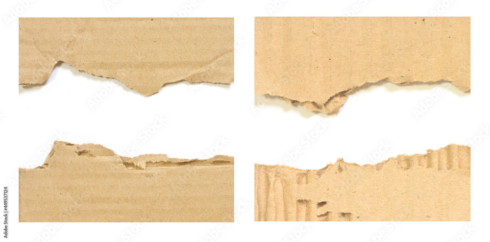 Corrugated torn cardboard paper isolated on white background.