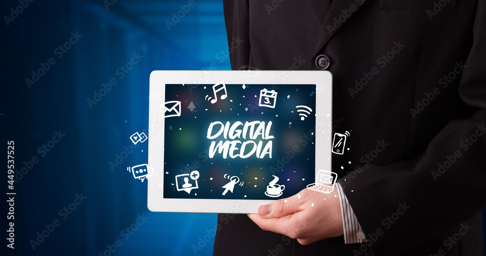 Person holding tablet, social network concept Person holding tablet, social network concept