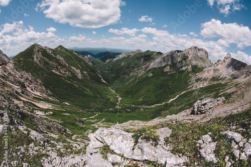 High altitude mountain landscape under blue sky