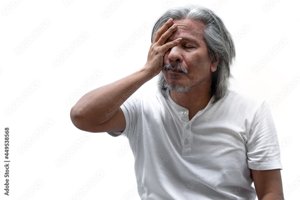 Portrait of senior old man covering his face with one hand, isolated on white background, with clipping path Portrait of senior old man covering his face with one hand, isolated on white background, with clipping path