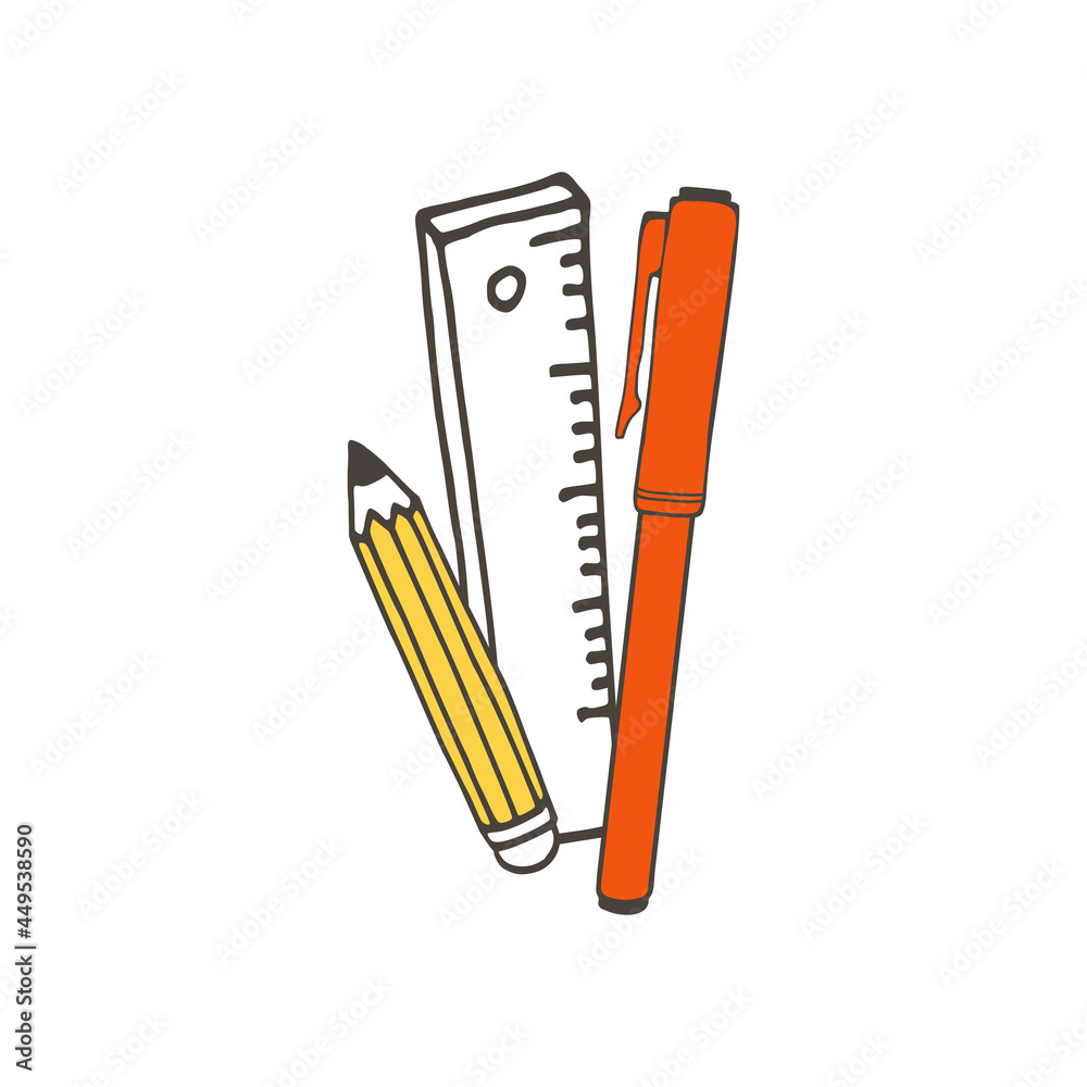 Vector cartoon ruler, pencil and marker. Hand drawn design element. 