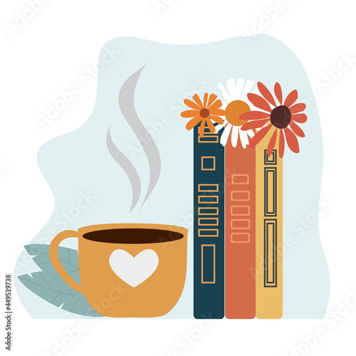 Vector illustration of glasses on top stack books. Conceptual illustration of earnings, distance learning and self-education. World book day. Stack of books, glasses, vertical books and coffee