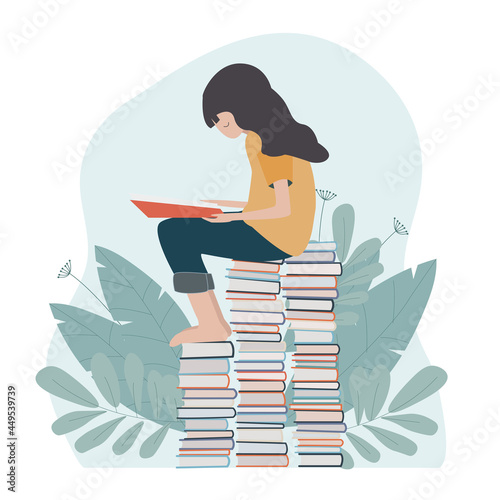 The girl is reading a book. Student, schoolgirl, back to school, start of a new school year, study. Flat illustration.