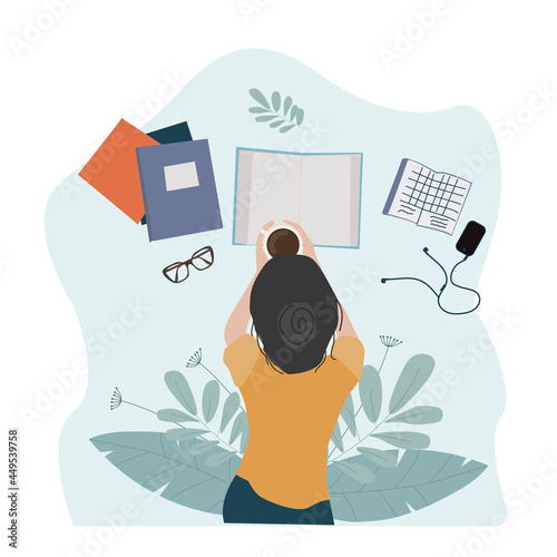 The girl is reading a book. Student, schoolgirl, back to school, start of a new school year, study. Flat illustration.