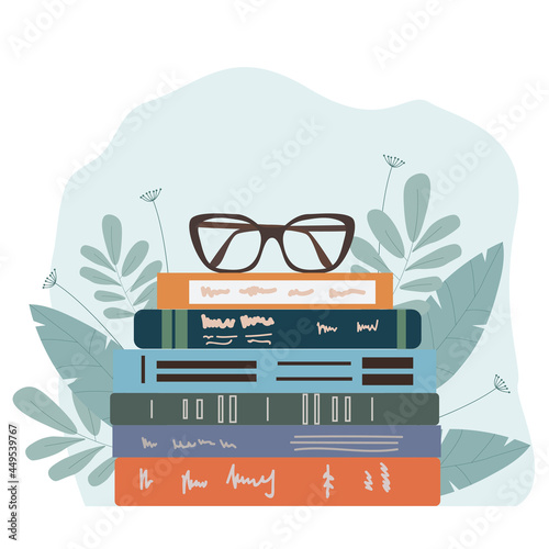 Vector illustration of glasses on top stack books. Conceptual illustration of earnings, distance learning and self-education. World book day. Stack of books, glasses, vertical books and coffee