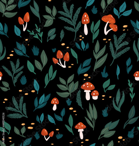 Seamless pattern with leaves and mushrooms on black background 