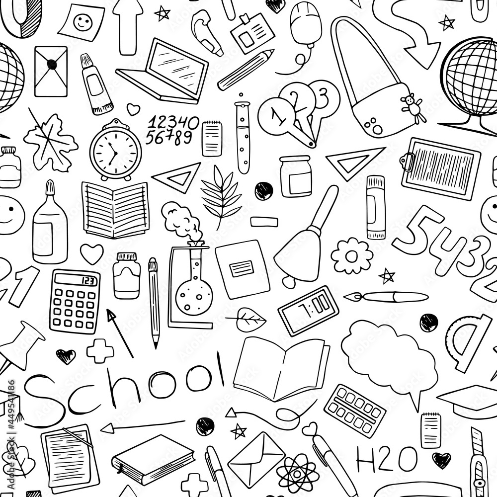 Back to school. Vector seamless background. A pattern of hand-drawn illustrations in the doodle style Back to school. Vector seamless background. A pattern of hand-drawn illustrations in the doodle style
