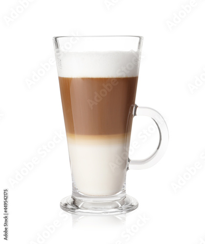 Hot coffee with milk in glass cup isolated on white