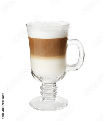 Hot coffee with milk in glass cup isolated on white