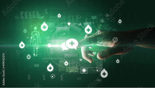 Doctor hand pressing futuristic health device with medical symbol on screen