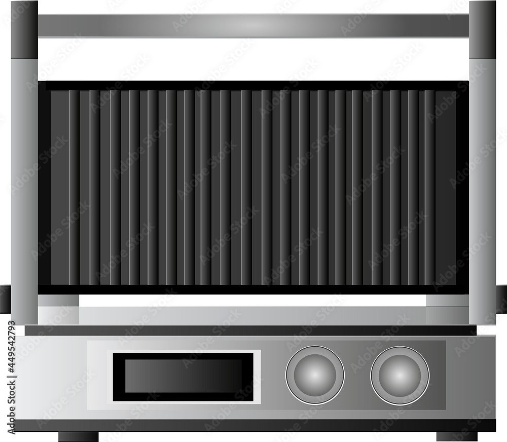 Electric grill. Silver grill for the kitchen. Vector illustration of a home electric grill for web design, isolated on a white background. household appliances for the home and kitchen. Technic. Electric grill. Silver grill for the kitchen. Vector illustration of a home electric grill for web design, isolated on a white background. household appliances for the home and kitchen. Technic.