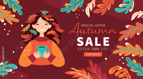 Autumn background template for social media, banner or poster design. Cute girl character with fall leaves creative concept.