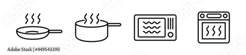 Cooking mode black icons vector set. Isolated Pan, Microwave, Stove, Oven symbols on white background. Food packaging cooking time line signs. Vector flat design illustration. photo