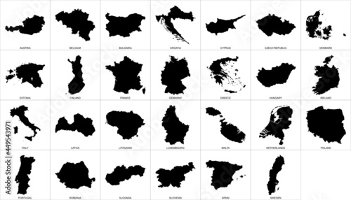 Europe : liste des pays de l'Union Européenne - Illustrations des pays sous forme de motifs de cartes noires