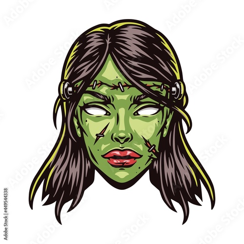 Scary green zombie girl head