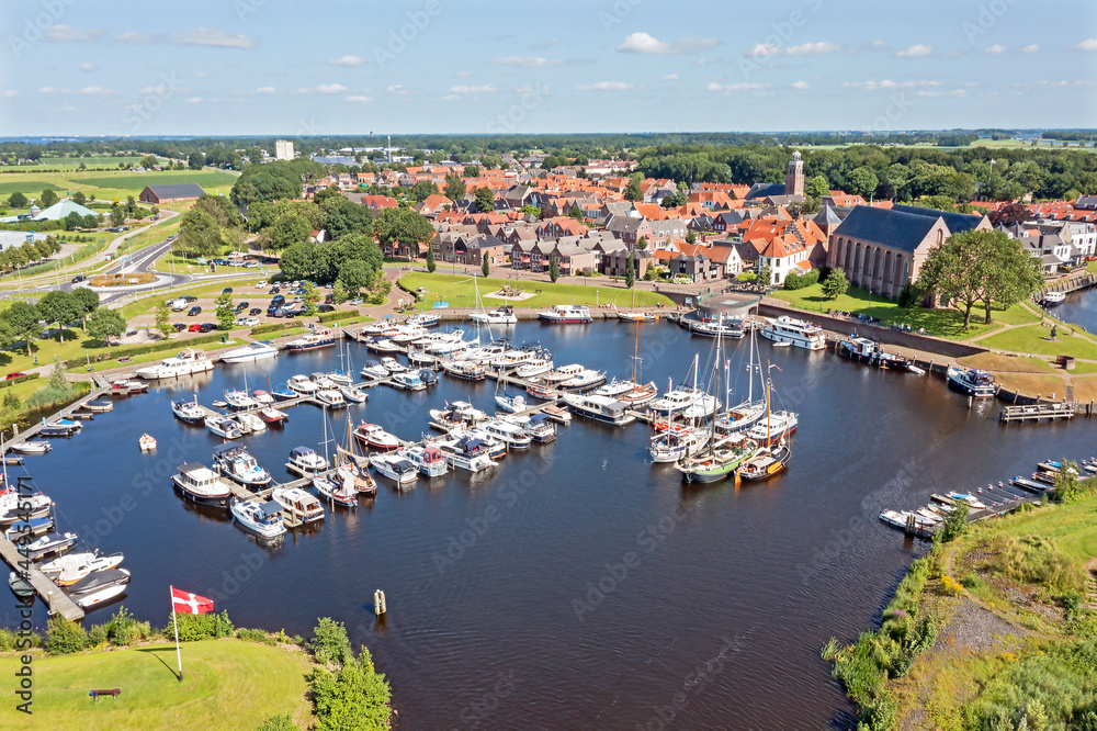 Aerial from the harbor and village Vollenhove in the Netherlands