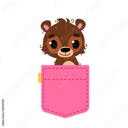 A cute pocket of pink jeans with a brown baby bear peeking out. Print for girls. Template for text. Vector illustration in flat cartoon style. Isolated clipart of animal in pocket