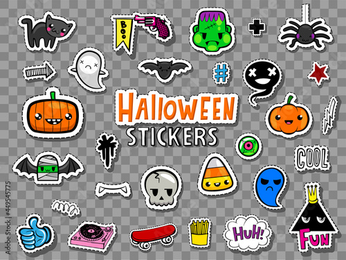 Fototapeta Naklejka Na Ścianę i Meble -  Vector set of Halloween teens stickers and patches in doodle style.