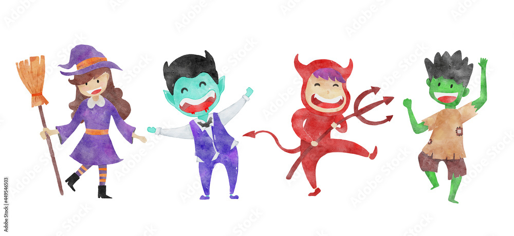 Happy Halloween Day with collection of cute monster watercolor character design Happy Halloween Day with collection of cute monster watercolor character design