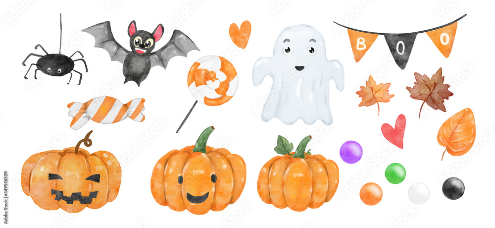 Happy Halloween cute collection bat, pumpkin, ghost, party boo flag and various holiday symbols. Watercolor painting on white. Hand drawn graphic elements for creative design, printable decor Happy Halloween cute collection bat, pumpkin, ghost, party boo flag and various holiday symbols. Watercolor painting on white. Hand drawn graphic elements for creative design, printable decor