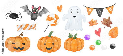 Happy Halloween cute collection bat  pumpkin  ghost  party boo flag and various holiday symbols. Watercolor painting on white. Hand drawn graphic elements for creative design  printable decor
