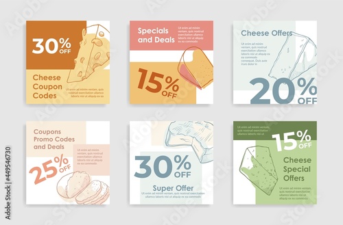 Set of squared cheese special offer coupons vector flat illustration sale discount posters
