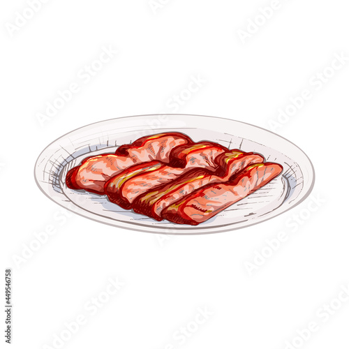 Char siu on plate. Vintage vector hatching hand drawn illustration isolated photo