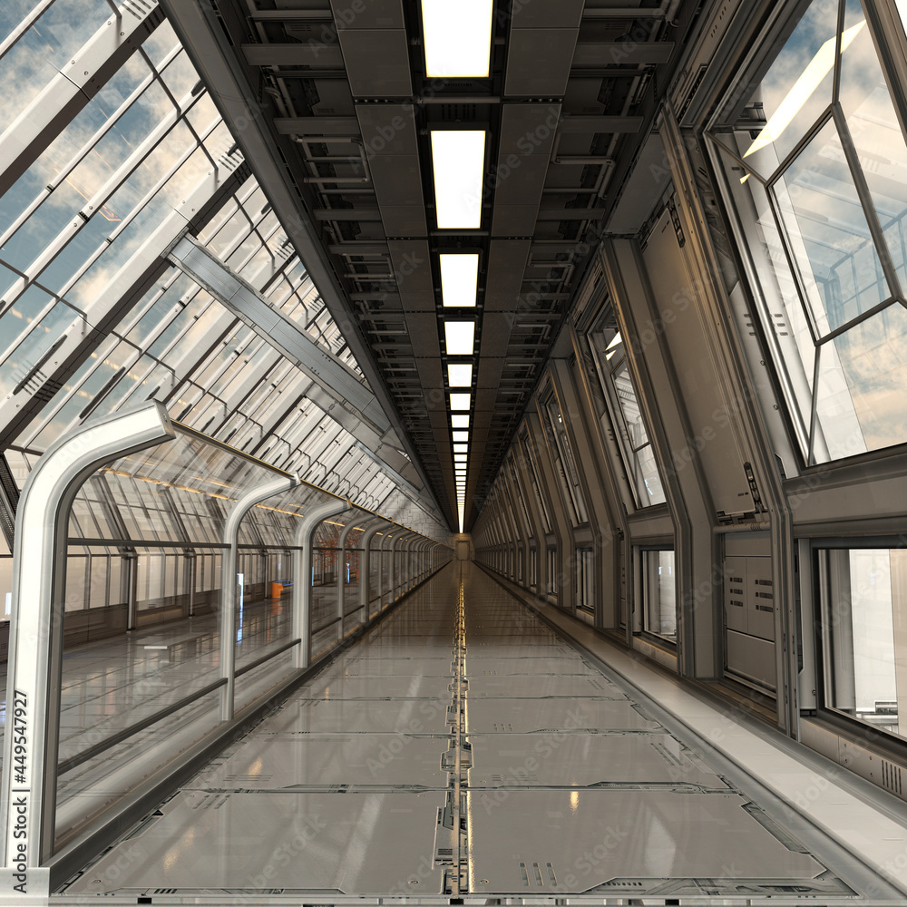 3D-illustration of a futuristic empty hallway room in a science fiction starship