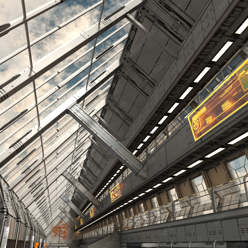 3D-illustration of a futuristic empty hallway room in a science fiction starship 3D-illustration of a futuristic empty hallway room in a science fiction starship