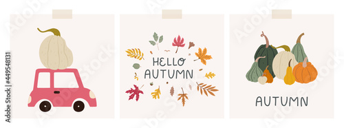 Set of autumn cards with pumpkins, car with a pumpkin, lettering and fallen leaves. Doodle style. Pretty, trendy and colorful decorations.