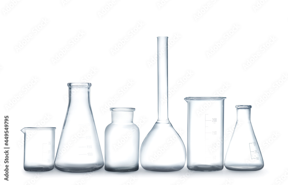 Clean empty laboratory glassware isolated on white Clean empty laboratory glassware isolated on white