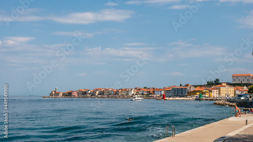View of the town of Piran and the Adriatic Sea and yachts.