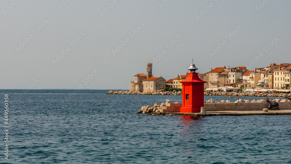 View of the town of Piran and the Adriatic Sea and yachts.