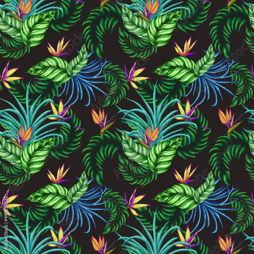Seamless pattern of tropical exotic leaves and flowers. Repeating pattern isolated background perfect for textile, fabric and etc