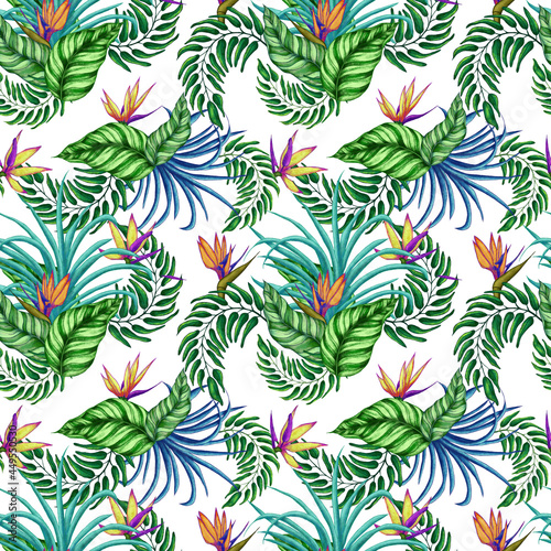 Seamless pattern of tropical exotic leaves and flowers. Repeating pattern isolated background perfect for textile, fabric and etc