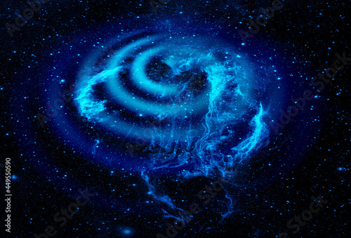 Abstract space wallpaper. Black hole spiral and nebula over blue stars and cloud fields in outer space. Elements of this image furnished by NASA.
