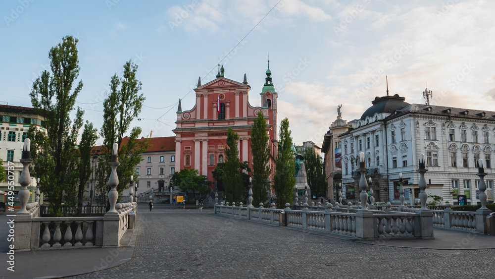 View of the Church of the Annunciation in Ljubljana and Prešeren Square. Center of Ljubljana in Slovenia.