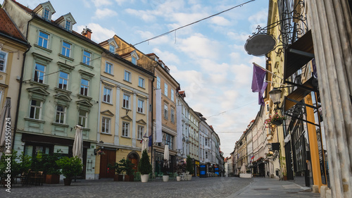 Beautiful streets of Ljubljana in Slovenia in the first rays of sun.