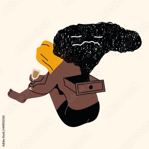 Girl with mental health problems and psychological disorders such as anxiety, alcoholism, bipolar, panic attacks, insomnia and schizophrenia. Colored flat vector illustration isolated 