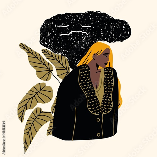 Girl with mental health problems and psychological disorders such as anxiety, alcoholism, bipolar, panic attacks, insomnia and schizophrenia. Colored flat vector illustration isolated 