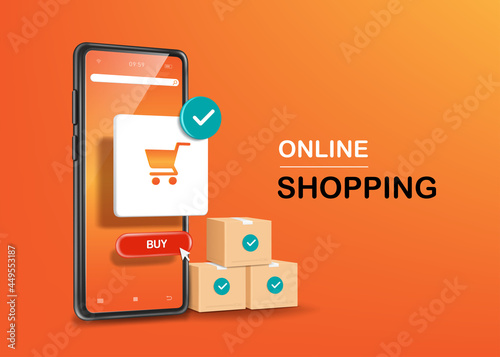 Shopping cart icon, purchase confirmation icon and purchase icon on the smartphone screen. And there's a parcel box next to it for online shopping concept,vector 3d on orange background