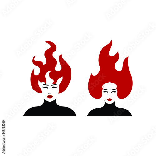 woman with fiery  fire flame hair logo design