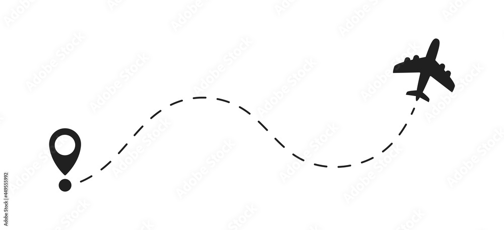 Airplane path vector icon, route dotted line, with starting point, isolated on white background Airplane path vector icon, route dotted line, with starting point, isolated on white background