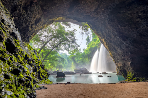 Waterfall in tropical forest at Khao Yai National Park  Thailand. Waterfall view from inside the cave. Amazing of Haew Suwat Waterfall Unseen Khao Yai National Park  Thailand. traveling ecotourism.