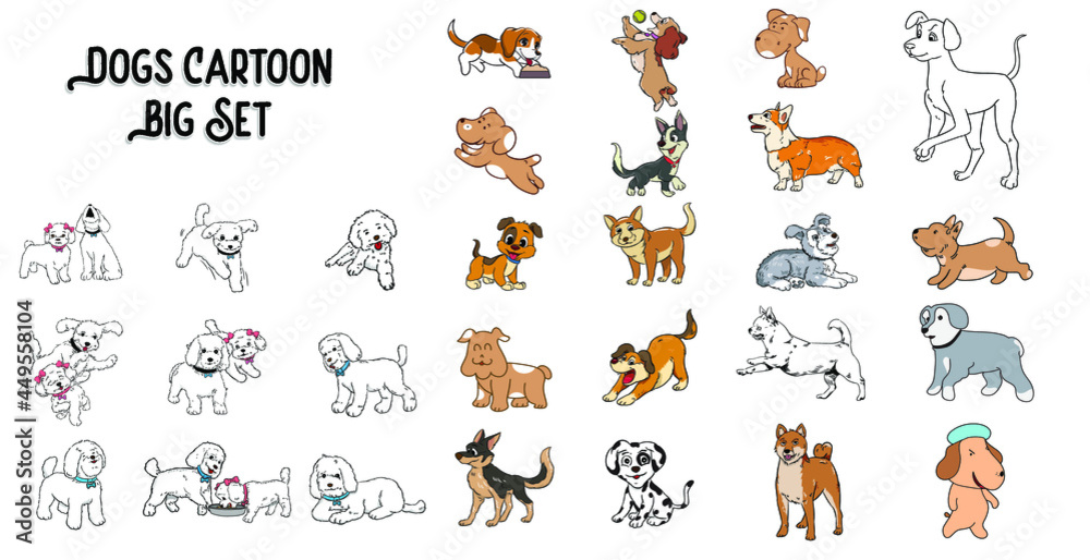 big set of dog activities cartoon vector illustration.