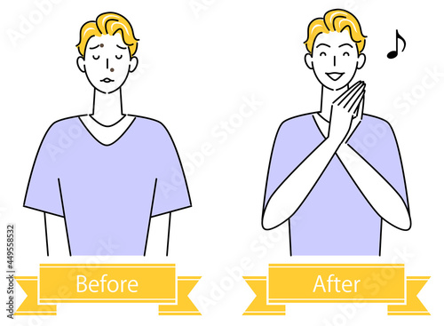 スキンケア 顔のお肌トラブル"ほくろ"のビフォーアフター 可愛い男性のイラスト シンプル ベクター