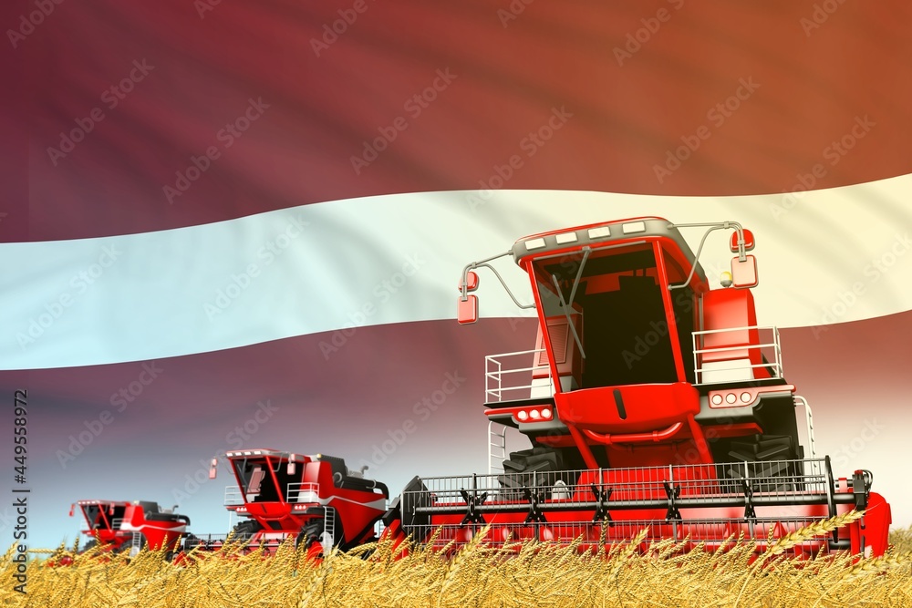 Obraz premium industrial 3D illustration of red rural agricultural combine harvester on field with Latvia flag background, food industry concept