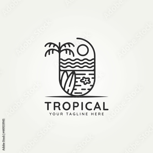 tropical beach island minimalist line art badge logo badge template vector illustration design. simple modern holiday, vacation, surfing emblem logo concept